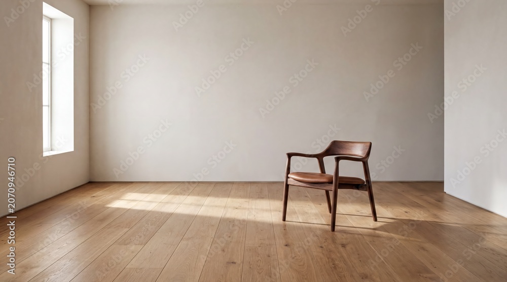 Fototapeta premium minimalist interior design, a serene interior features a single handmade chair on elegant oak flooring