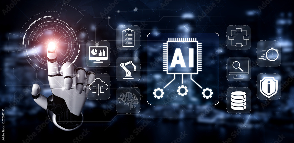 Fototapeta premium Futuristic Technology Concept Showcasing Artificial Intelligence and Data Analysis with Robotic Hand Interacting with Digital Interfaces and Icons Quark.