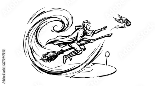 Quadro su tela Wizard flying on broomstick catching golden snitch