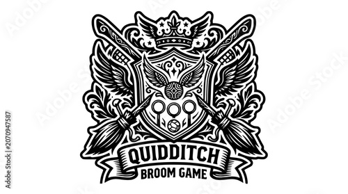 Cuadro en lienzo Quidditch broom game crest with eagle and snitch