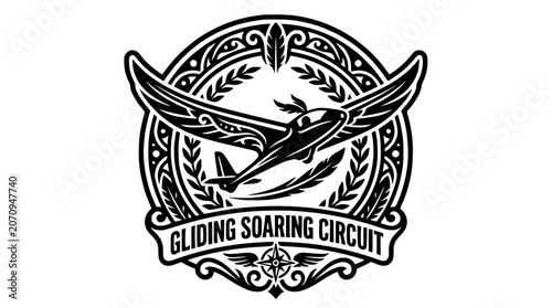 Fotografia Vintage gliding soaring circuit aviation emblem with airplane.