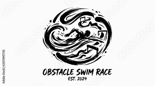 Obstacle swim race circular brush logo