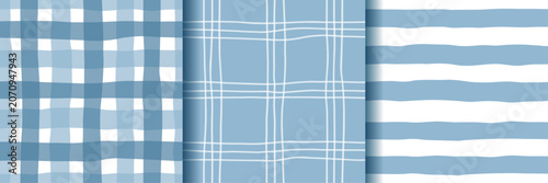Vászonkép Set of coordinated blue seamless patterns featuring plaid checks and stripes for fabric, wallpaper, scrapbook paper and surface pattern design