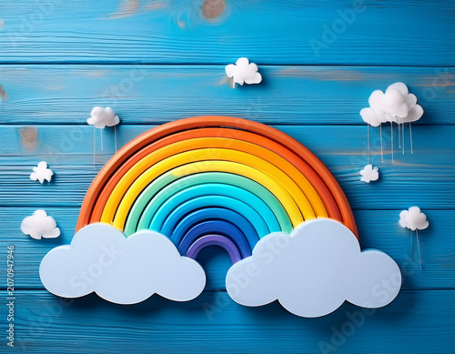  Cute children or baby background, white clouds nad rainbow  on the blue wooden background. AI generated image, ai
