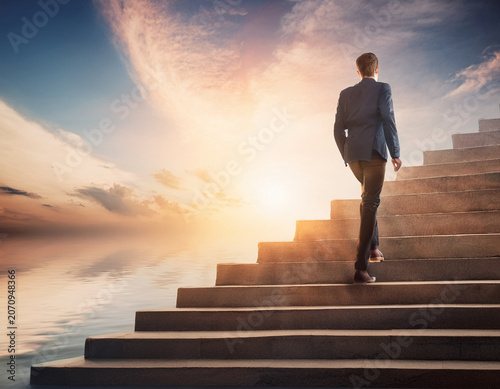 Man climbing up stairs towards an open door in the sky with clouds. Ladder of Success. AI generated image, ai