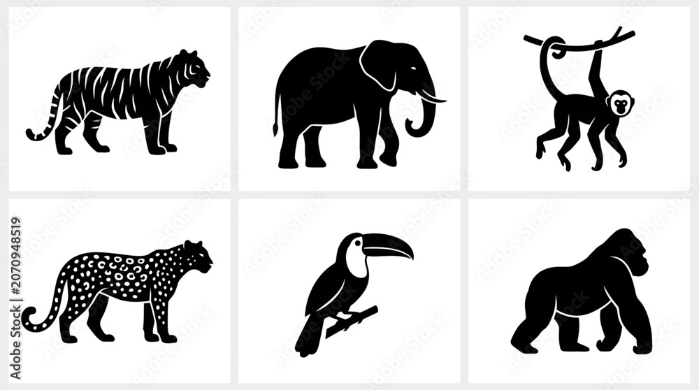 Fototapeta premium Wildlife silhouette icons featuring tiger elephant monkey leopard toucan and gorilla for nature conservation and tropical jungle safari design works