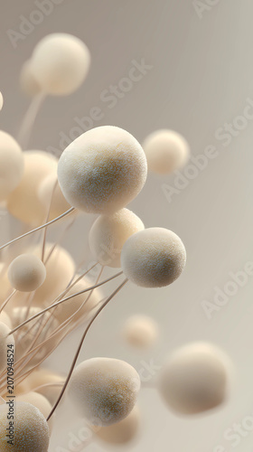 Abstract 3D composition of soft floating spores against a minimalist ivory background, Generative AI illustrations.
