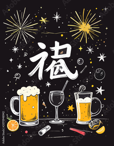  Cartel festivo con fuegos artificiales, bebidas alcohólicas y el carácter chino 福 que significa felicidad y buena fortuna.

