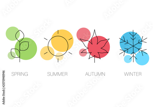 Four seasons icons, signs, symbols. Winter spring summer fall. Snowflake, leaf, sun, autumn leaf. Line art