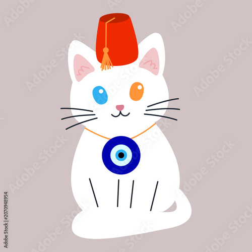 Canvastavla Turkish angora cat wearing Turkish red fez