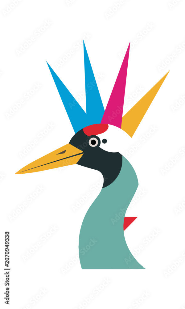 Obraz premium Stylized crane bird head with a sharp spiky mohawk crest and geometric accents isolated on white graphic animal art concept