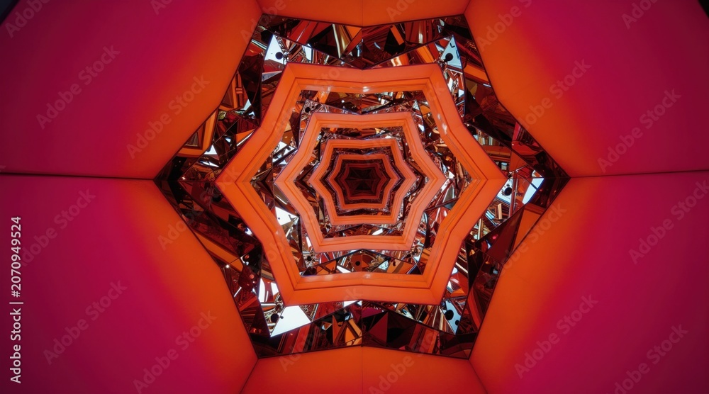 Fototapeta premium Complex mirrored structure creates infinite reflections. Angular facets display orange pink light patterns. Modern art installation evokes depth illusion. Abstract design inspires creativity