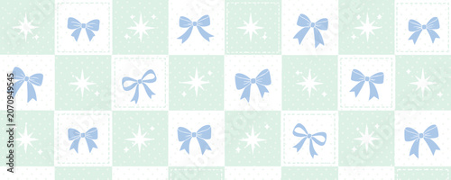 Seamless pattern with blue bows and sparkling stars on a pastel checkered background