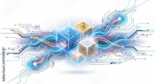 Digital network cubes with glowing circuits and light streams against a dark background representing data transfer