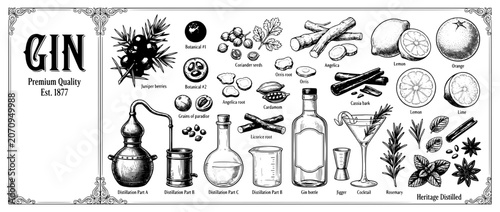Engraved illustration set showcasing botanicals and ingredients used in crafting premium quality gin
