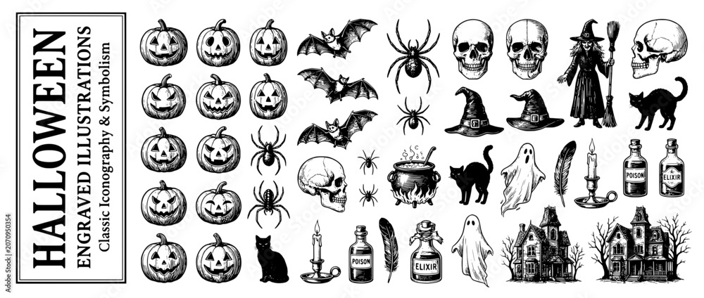 Obraz premium Engraved Halloween illustration set featuring classic symbols of the spooky season