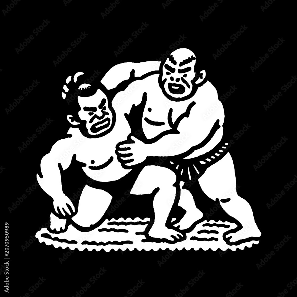Fototapeta premium Engraved illustration set capturing the intense moment of two sumo wrestlers competing on a traditional wrestling mat