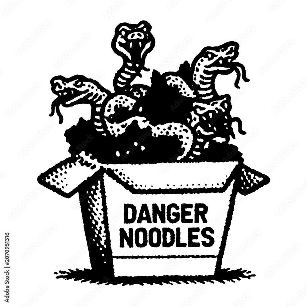 Fototapeta premium Unique engraved illustration of a box overflowing with dangerous snakes that resembles noodles, showcasing creativity and humor