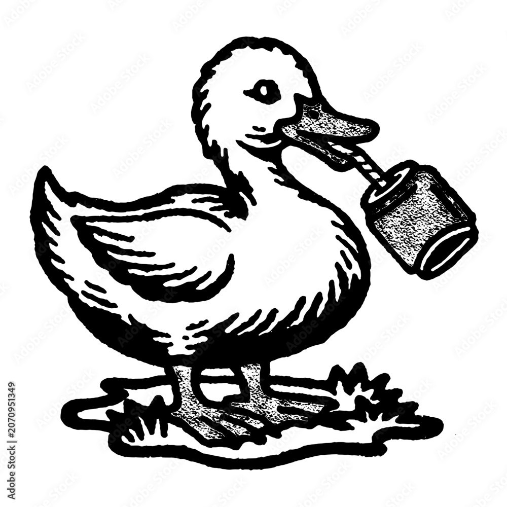 Fototapeta premium Charming duckling holding a colorful canister while standing on grass, ready for a day of playful adventures