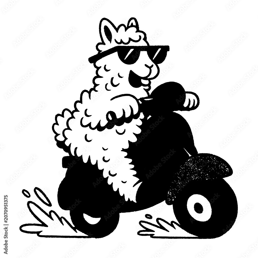 Fototapeta premium Engraved illustration of a joyful llama on a scooter wearing sunglasses in a whimsical, outdoor setting