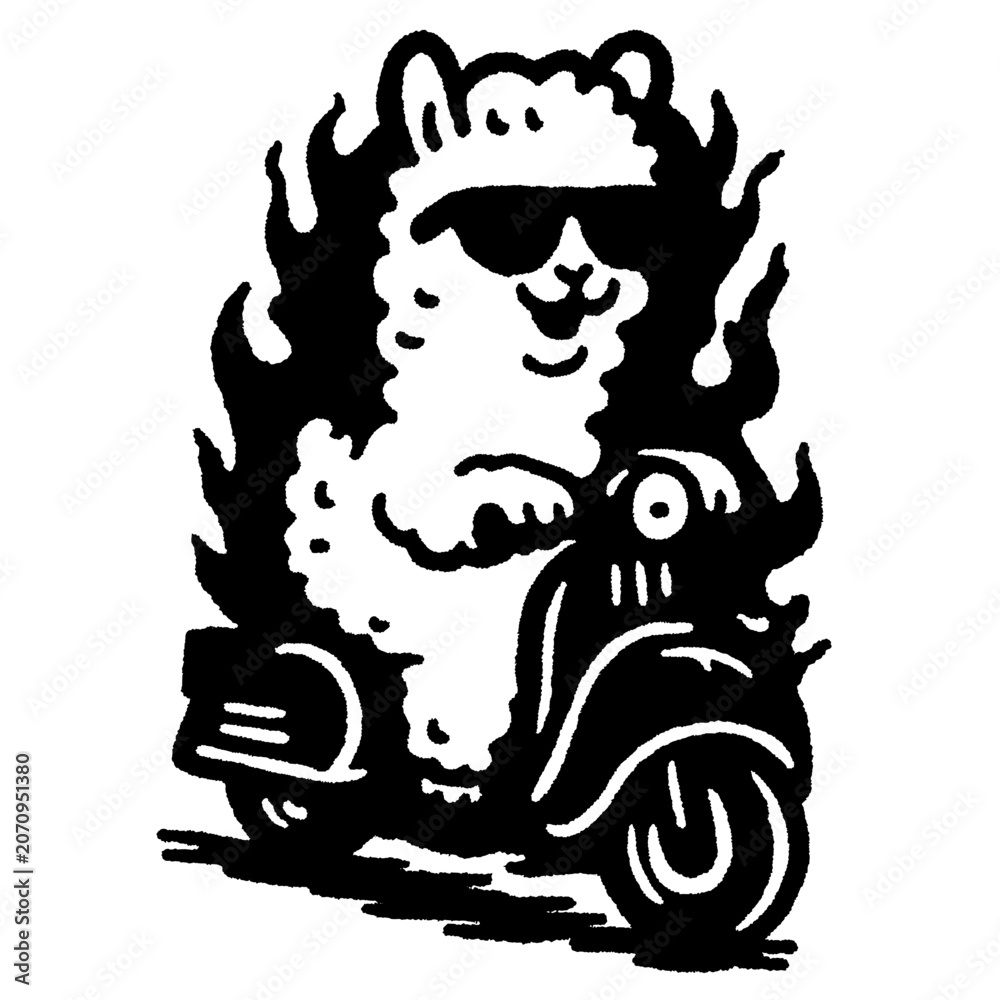 Fototapeta premium Engraved illustration of a cool, flaming llama riding a scooter in a playful and spirited design
