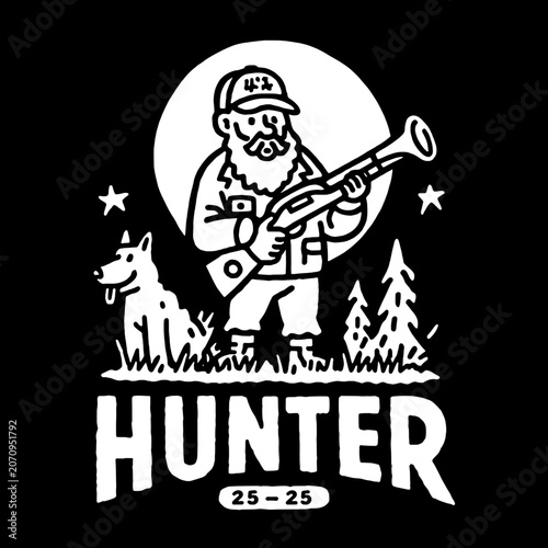 Woodland hunter with loyal dog stands in moonlit forest, showcasing etched illustration design in captivating vector art style
