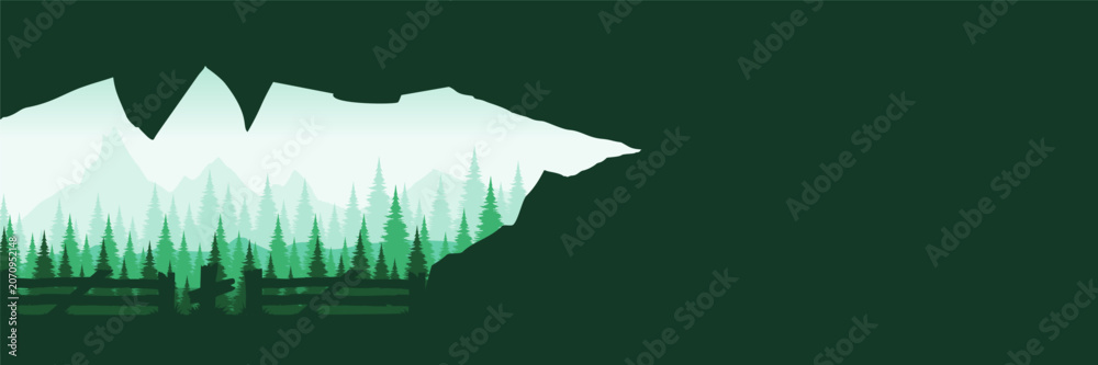 Fototapeta premium Mysterious misty pine woods graphic resource with dramatic dark cave framing