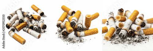 Obraz na plátně Set and Collection of discarded cigarette butts isolated on transparent PNG back