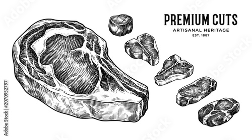 Foto Engraved illustration of premium meat cuts showcasing artisanal style and intric