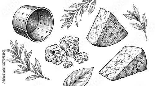 Photos Engraved illustration of assorted cheeses with delicate herbs, showcasing artisa