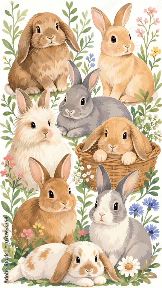 Obraz premium Adorable rabbits surrounded by flowers in a playful scene
