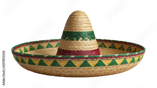 Принти на полотні Isolated festive Mexican straw sombrero hat with vibrant green, red, and yellow