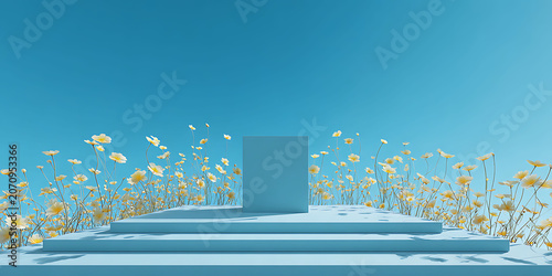 Beautiful natural background of flowers, podium, space for advertising. Greeting card. Health, beauty, life, flora. For designers, advertising, IT.