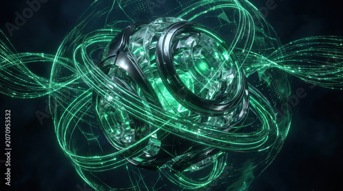 Abstract technology futuristic sphere green energy digital network data flow glowing line 3d render abstract futuristic sphere with green energy light trails and digital network lines swirling