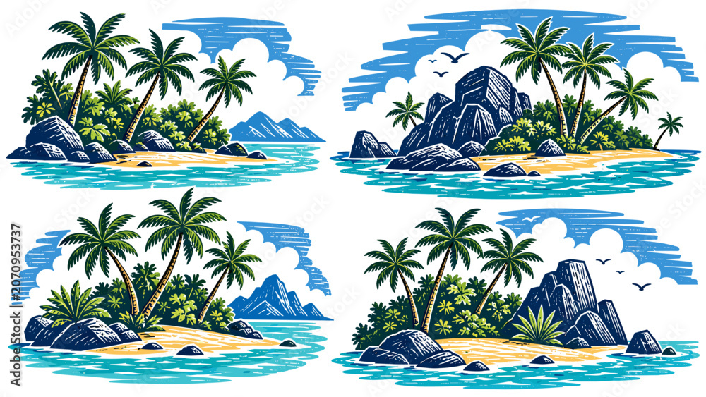 Obraz premium Tropical island scenes with palm trees, rocks, and ocean waves