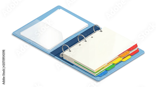 Open blue threering binder with colorful index dividers and blank paper sheets