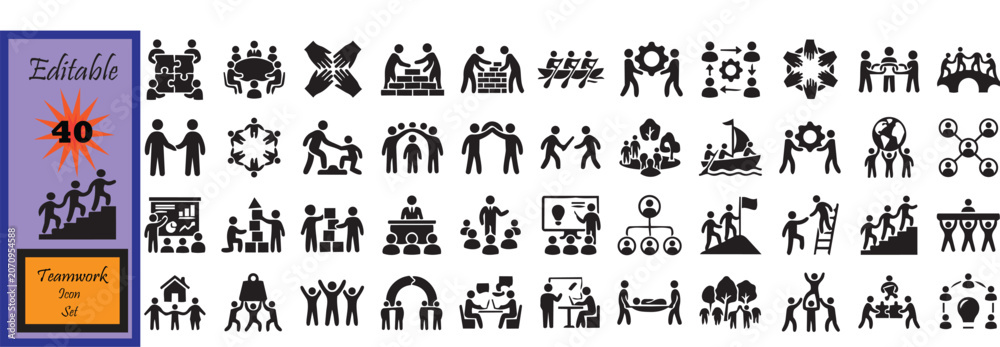 Naklejka premium Teamwork Solid Vector Silhouette Icon Set Collection
