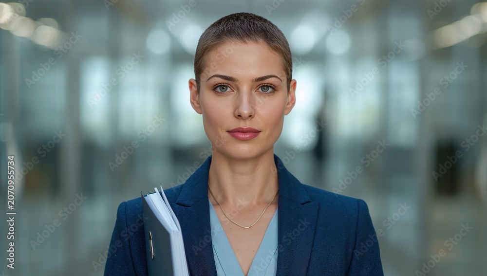 Obraz premium Retrato de mujer profesional de pelo corto con blazer azul y fondo corporativo desenfocado