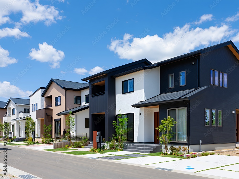 Obraz premium 青空の下にモダンな新築戸建て住宅が並ぶ美しい街並み