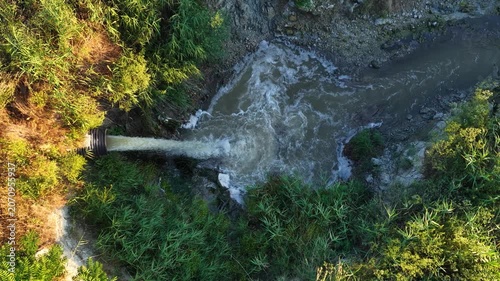 An aerial drone shot showing the moment when the treated wastewater from the city of Burdur is discharged into the environment and Lake Burdur. Environmental management and water resource conservation