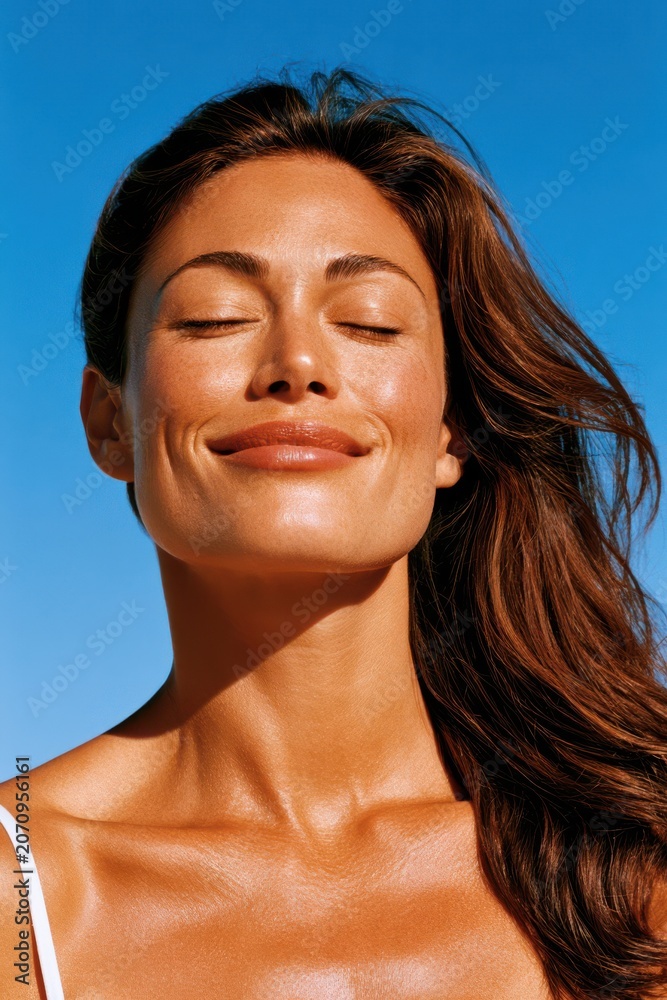 Fototapeta premium Smiling woman with eyes closed enjoying sun and warm breeze, healthy glowing skin and relaxation