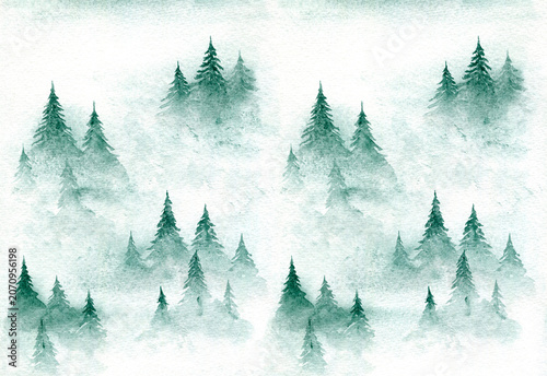 Light misty aquamarine green and white gradient watercolor illustration of textured coniferous fir forest. Evergreen watercolour pine trees landscape print for winter Christmas design, poster, card