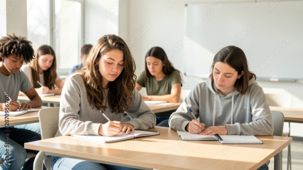Fototapeta premium diverse thoughtful high school students learning in bright modern classroom natural light for educational background copy space