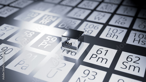 3D rendered image of neodymium (Nd) on the periodic table of elements.
