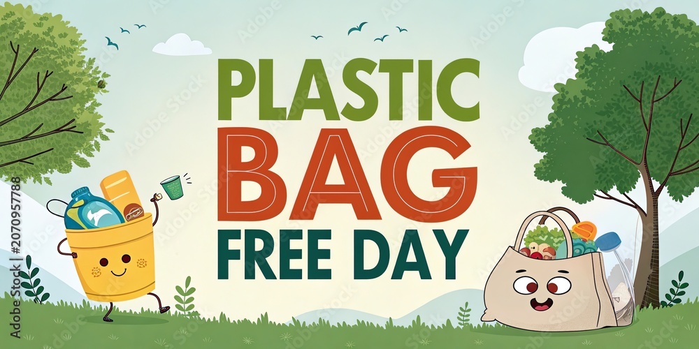 Fototapeta premium Plastic Bag Free Day Environmental Awareness Poster with Green Trees and Sustainable Message