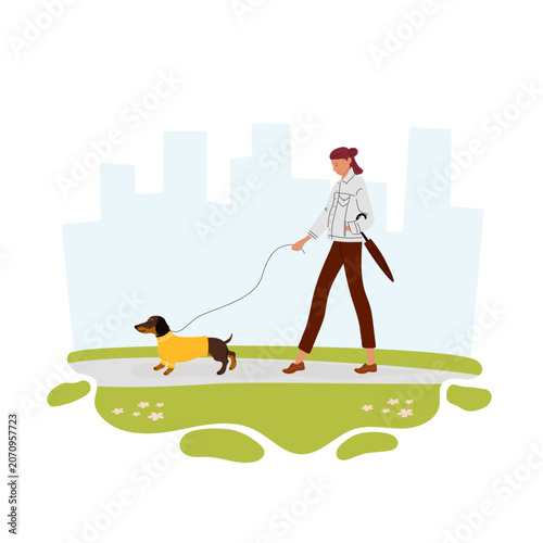 Sad mood. Girl with umbrella walking dachshund on cool summer evening. Vector illustration for melancholy blog, emotional poster