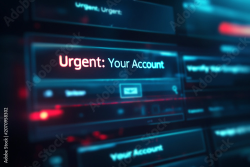 Urgent account notification on digital screen close up. Security warning message, phishing email simulation or hacking system alert, cyber security and identity theft concept
