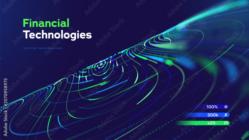 Naklejka premium Financial Technology Background With Digital Data Flow, Neon Network Lines And Futuristic Fintech Visualization On Dark Gradient. Advanced Financial Technologies And Innovation. Vector Illustration.
