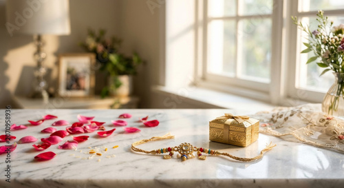A festive Raksha Bandhan background featuring an elegant red and gold rakhi thread, a luxury gift box wrapped with a satin ribbon, rose petals, rice grains, and kumkum on a white marble table.