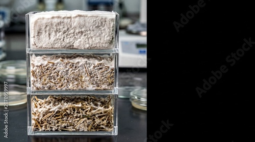 Foto sustainable building materials, a mycelium brick showing growth over seven days,